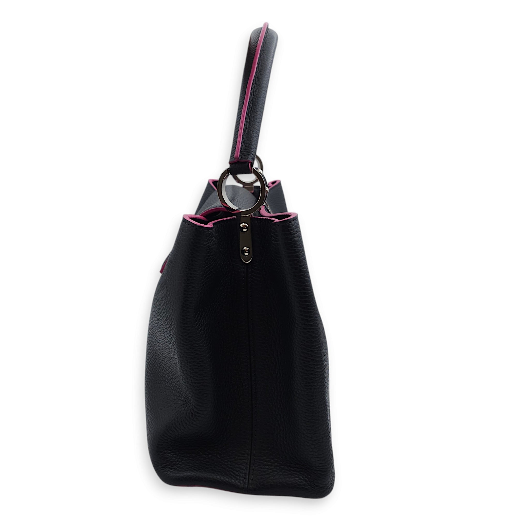 Capucines MM Black/Fuschia Interiror Top Handle Bag in Calfskin, Palladium hardware