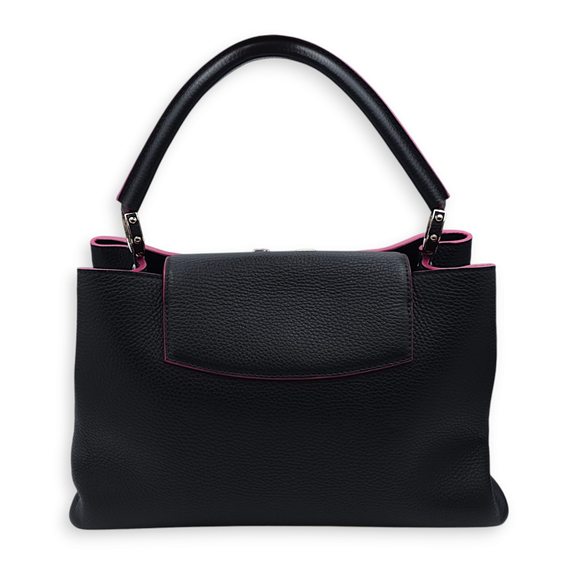 Capucines MM Black/Fuschia Interiror Top Handle Bag in Calfskin, Palladium hardware