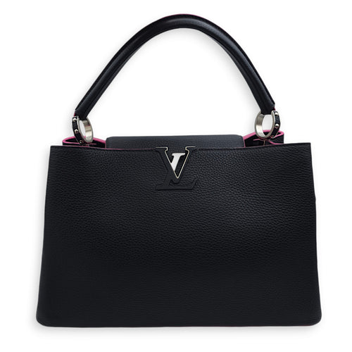 Capucines MM Black/Fuschia Interiror Top Handle Bag in Calfskin, Palladium hardware