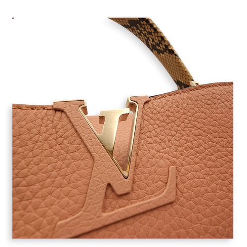 Capucines MM Magnolia / Beige/ Brown Python Handle Top Handle Bag in Taurillon Leather, Palladium hardware