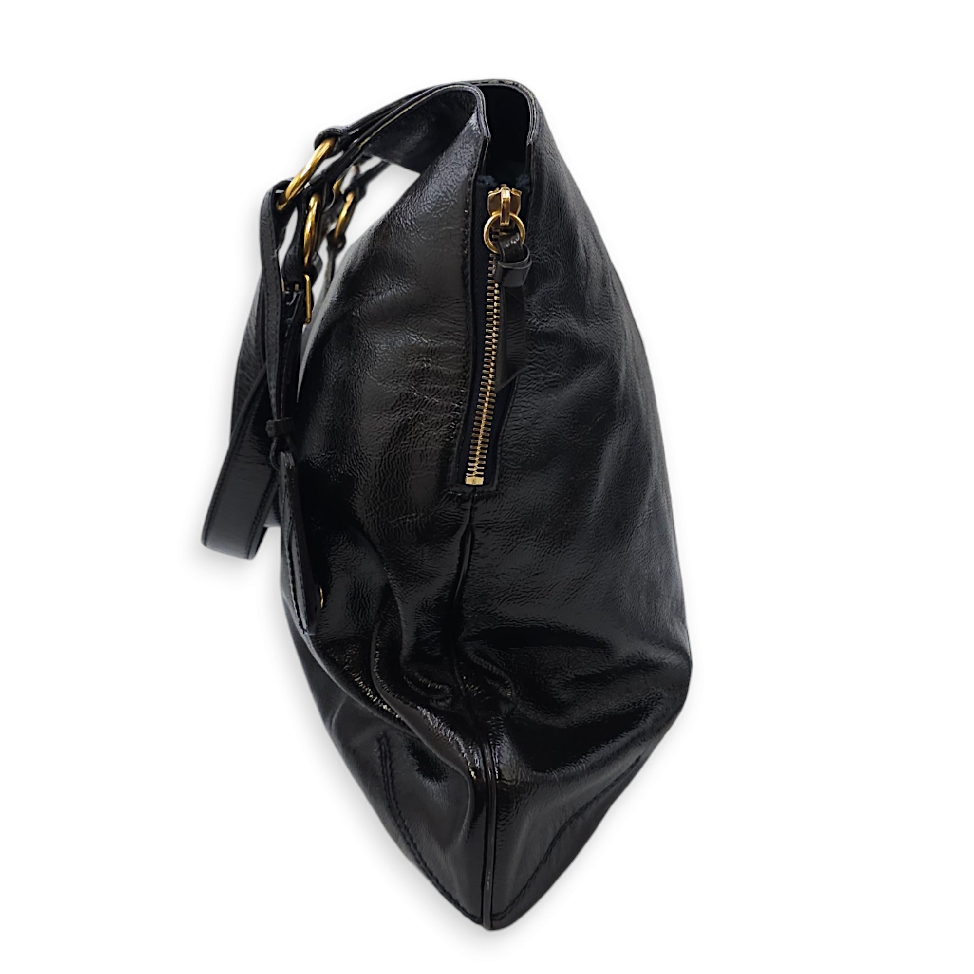 Tribute Large Black Tote Bag in Patent Leather, Gold hardware