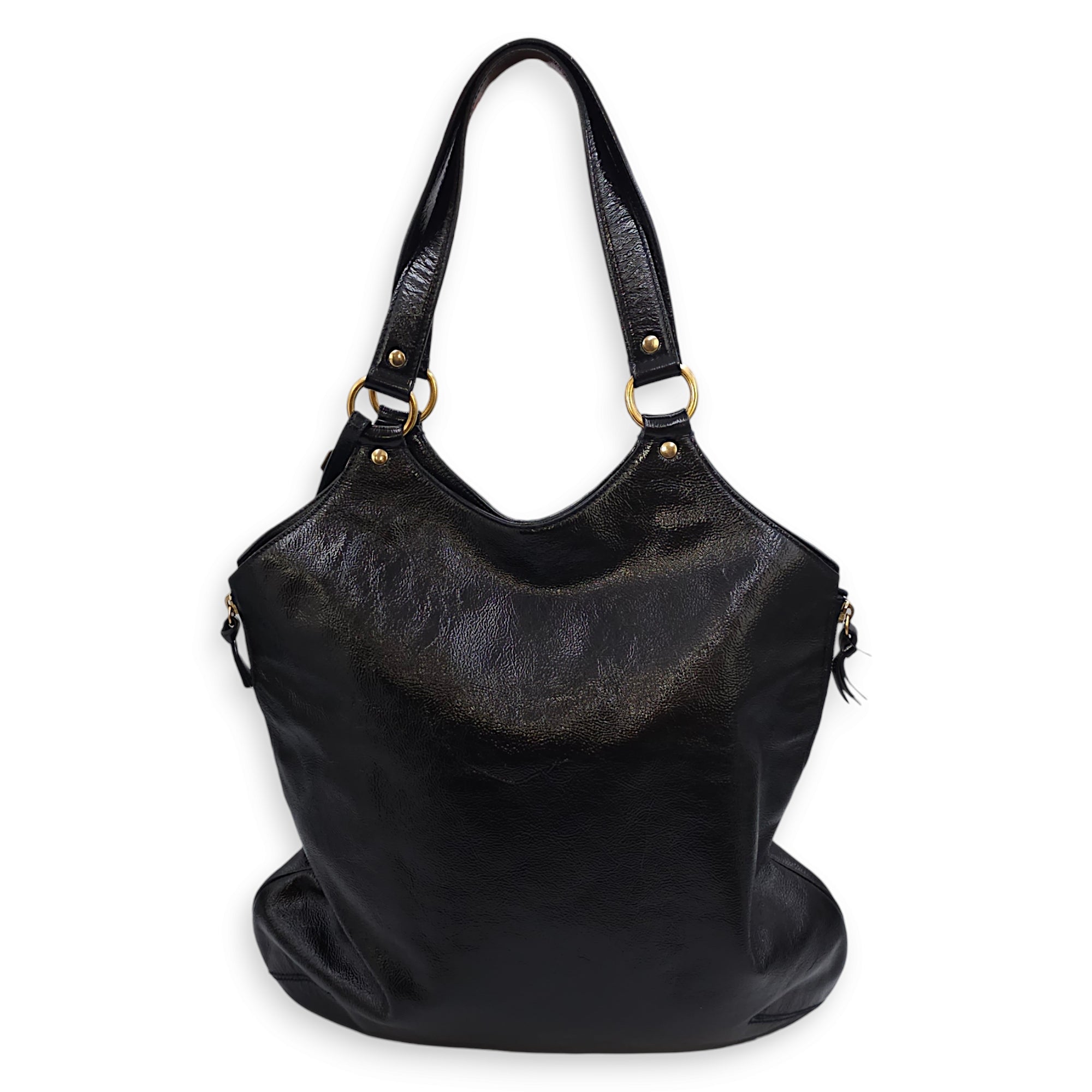 Tribute Large Black Tote Bag in Patent Leather, Gold hardware