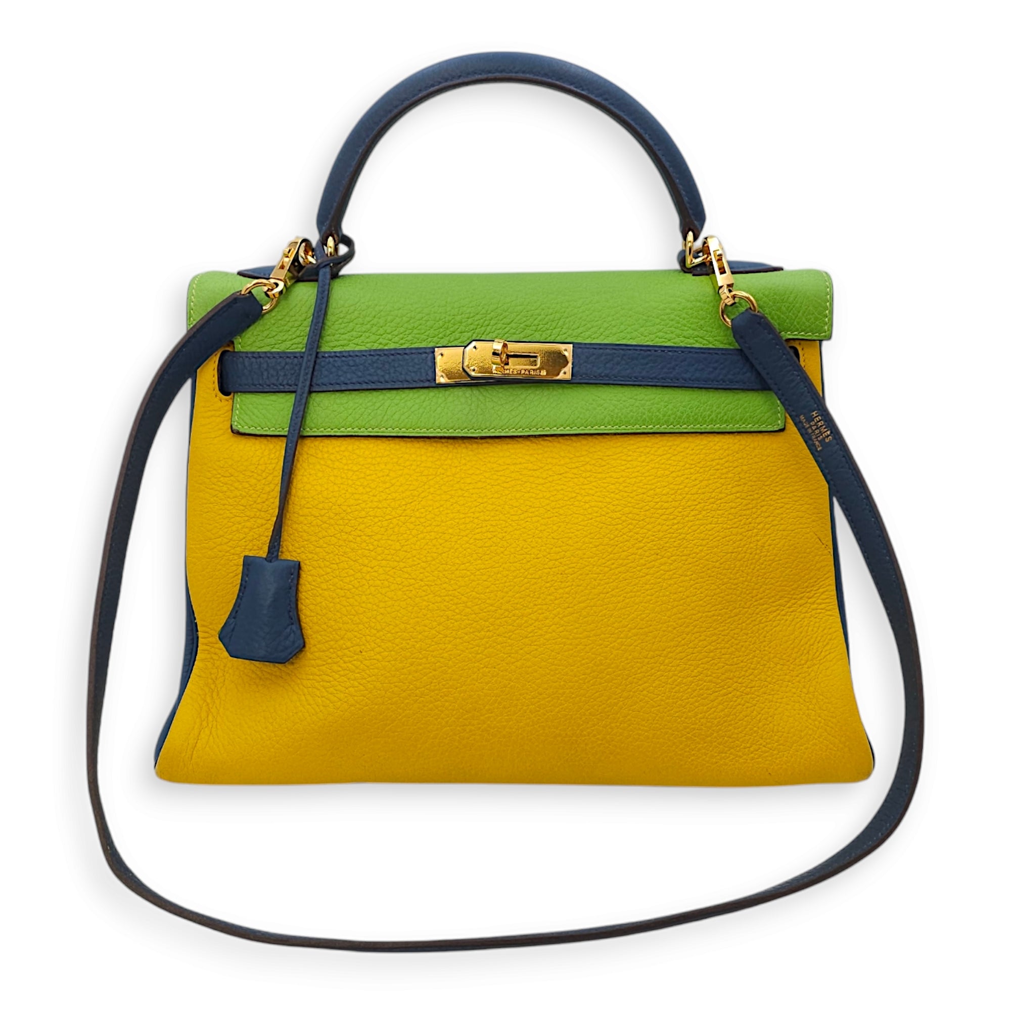 Kelly 32 Tricolor Vert Crul/Soleil/Blue in Clemence, Gold hardware