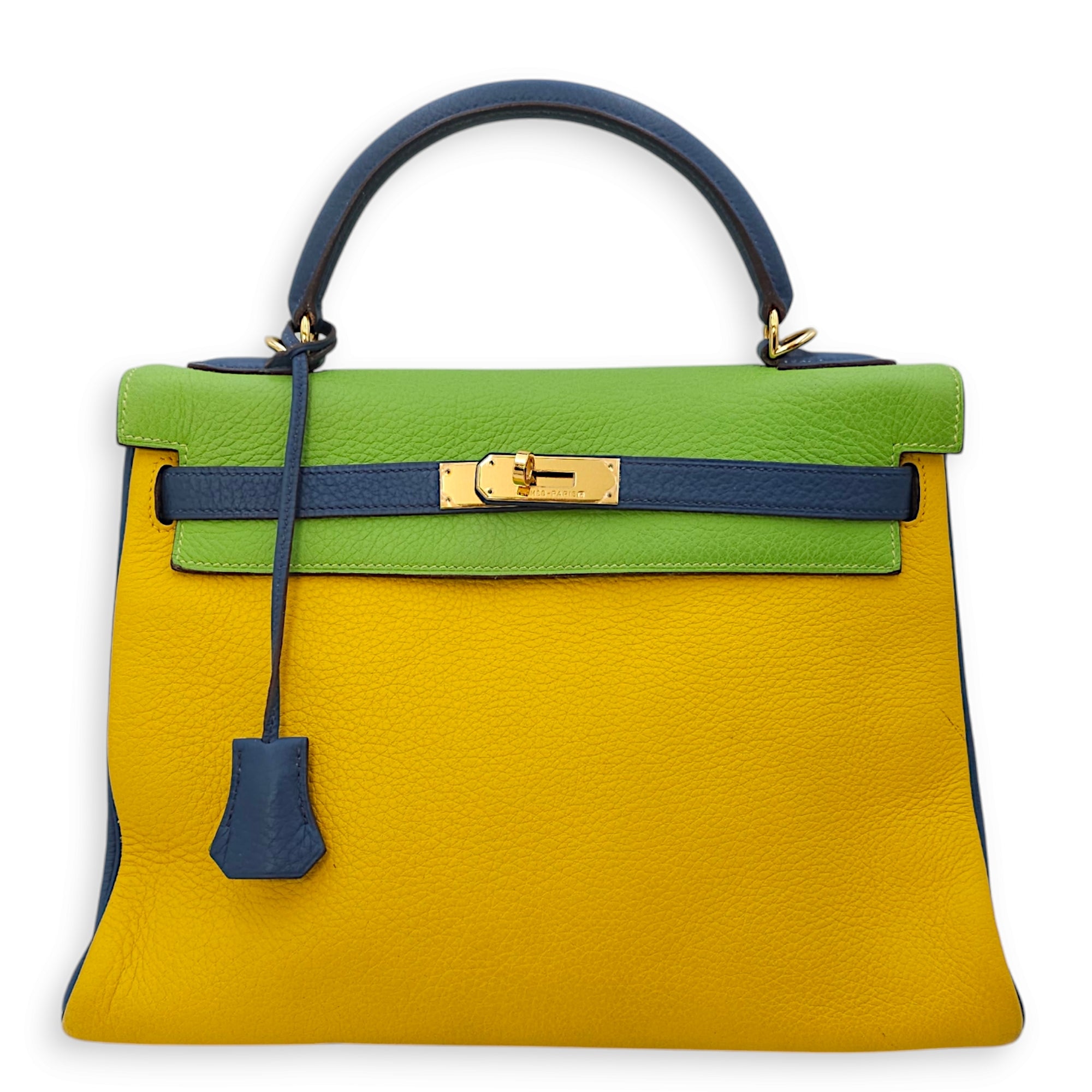 Kelly 32 Tricolor Vert Crul/Soleil/Blue in Clemence, Gold hardware