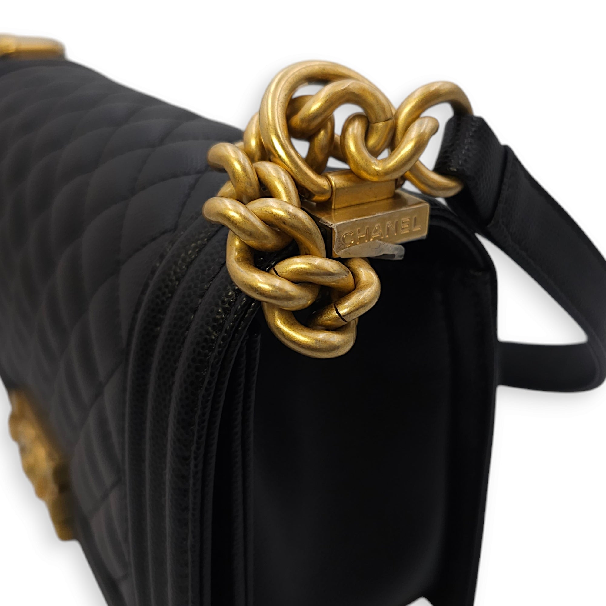 Quilted Boy Medium Medium (25cm) Black Crossbody Bag in Caviar Leather, Gold hardware