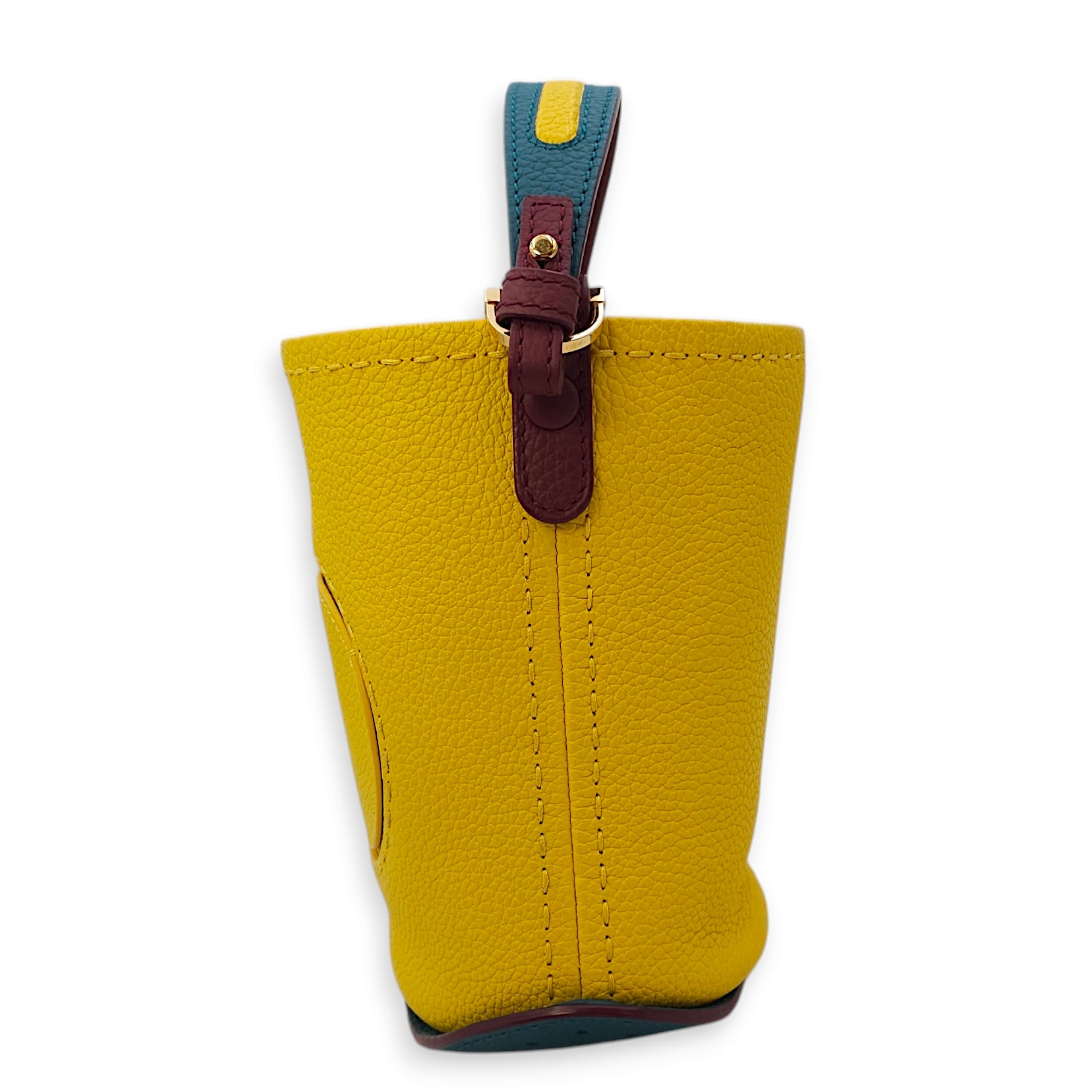 Pin Mini bucket Yellow Top Handle Bag in Taurillon Leather, Gold hardware