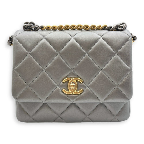 Side Note Metallic Silver Crossbody Bag in Lambskin, Gold/Ruthenium hardware