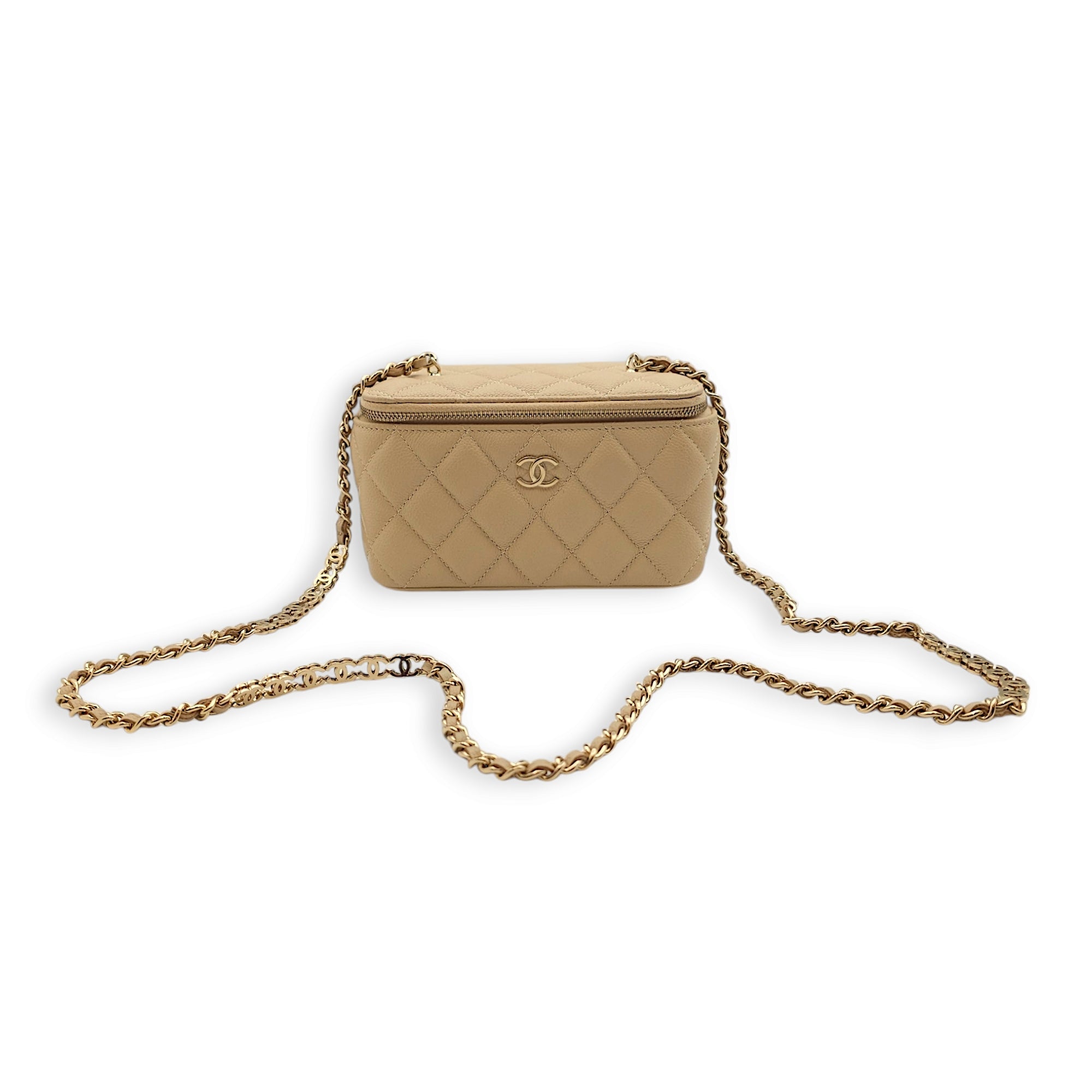 Vanity (Rectangle) with CC chain Mini Beige Vanity Bag in Caviar Leather, Gold hardware