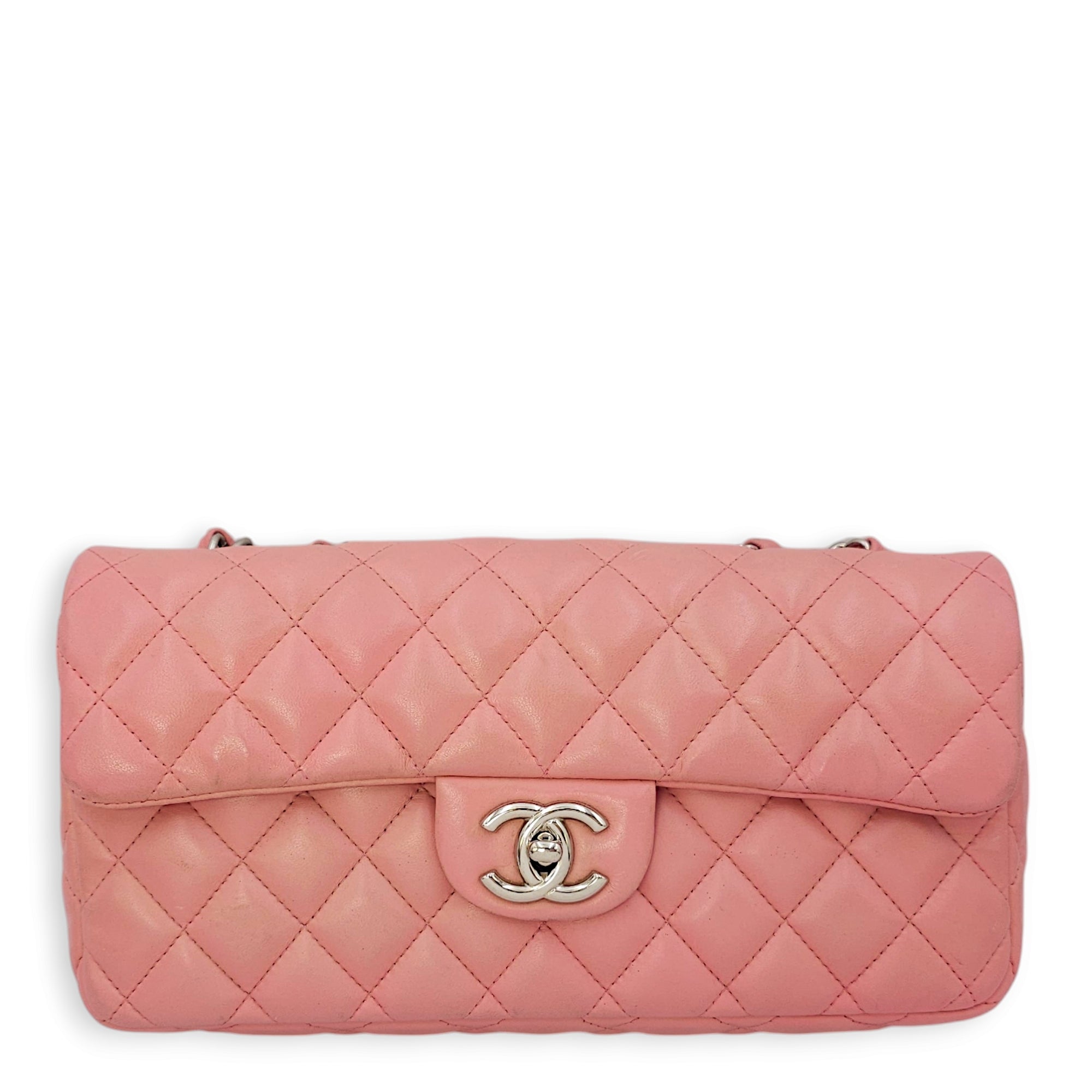 East West Flap Pink Shoulder Bag in Lambskin, Silver hardware