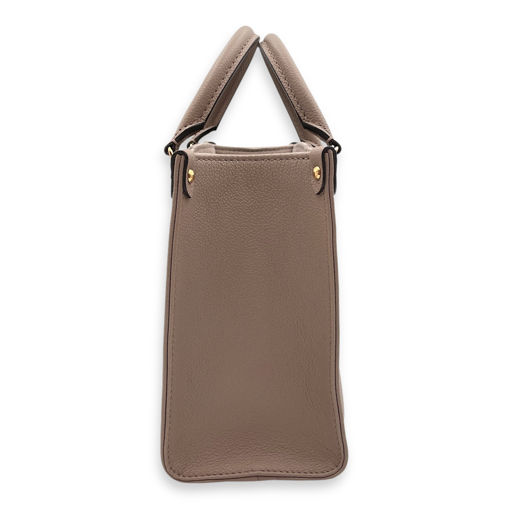 On-The-Go PM Tourterelle Top Handle Bag in Empriente Leather, Gold hardware