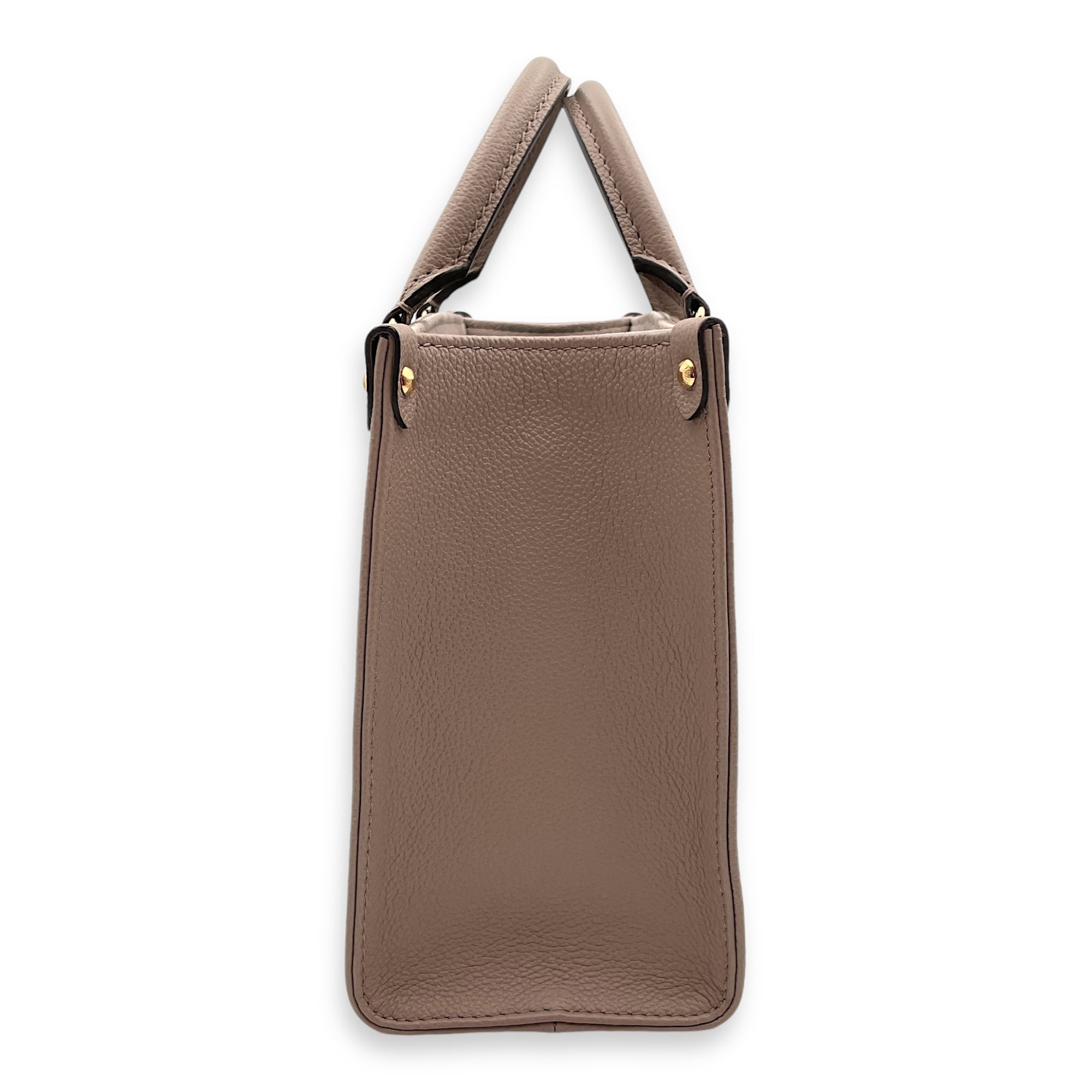 On-The-Go PM Tourterelle Top Handle Bag in Empriente Leather, Gold hardware