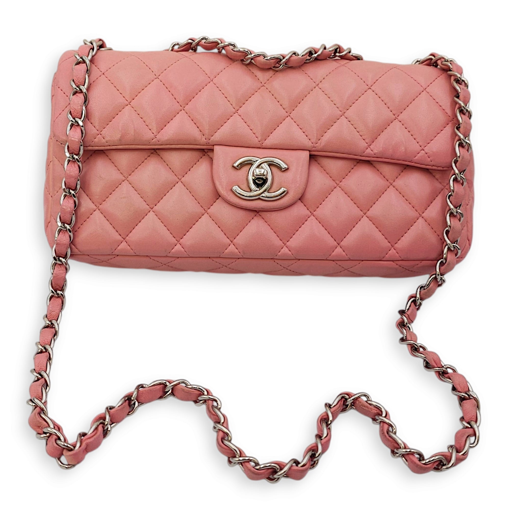 East West Flap Pink Shoulder Bag in Lambskin, Silver hardware