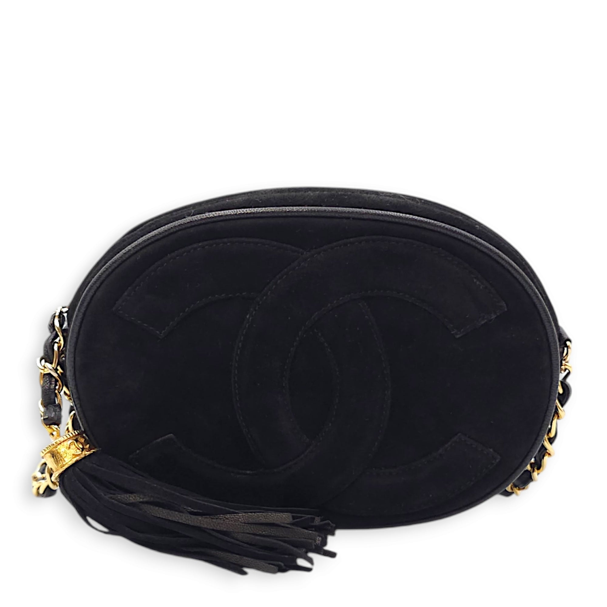 Vintage CC Oval Chain Black Shoulder Bag in Suede Leather, Gold hardware