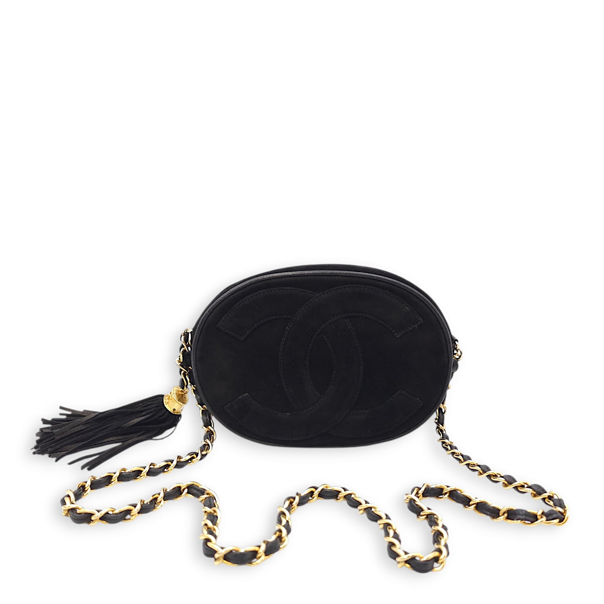 Vintage CC Oval Chain Black Shoulder Bag in Suede Leather, Gold hardware