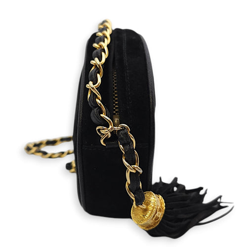 Vintage CC Oval Chain Black Shoulder Bag in Suede Leather, Gold hardware