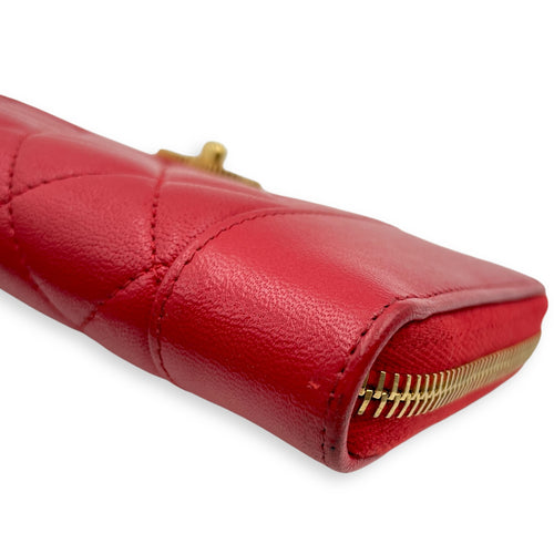 Mademoiselle Zippy Long Red Wallet in Calfskin/Enamel, Gold hardware