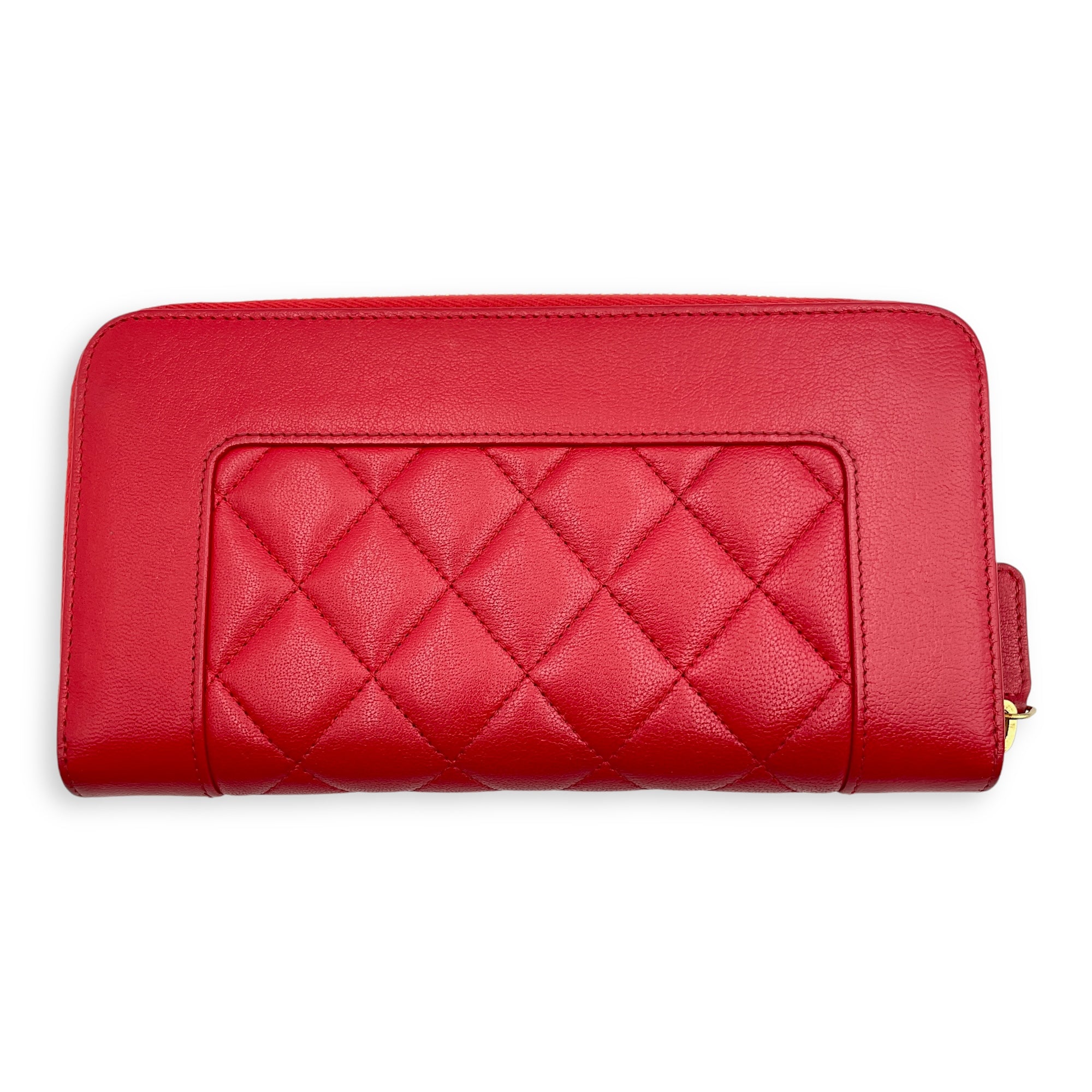 Mademoiselle Zippy Long Red Wallet in Calfskin/Enamel, Gold hardware