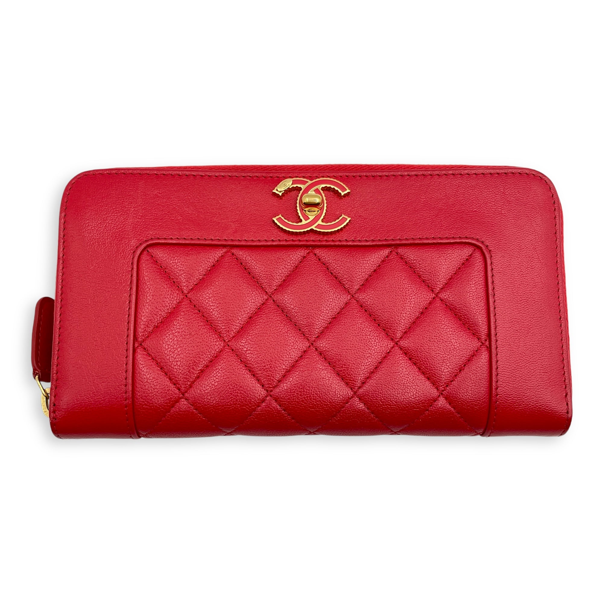 Mademoiselle Zippy Long Red Wallet in Calfskin/Enamel, Gold hardware