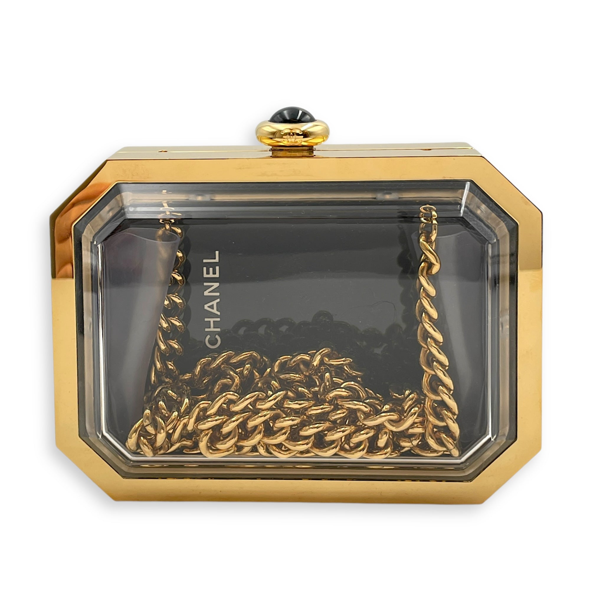 Minaudiere Vanity Case Gold Crossbody Bag in Plexiglass, Gold hardware