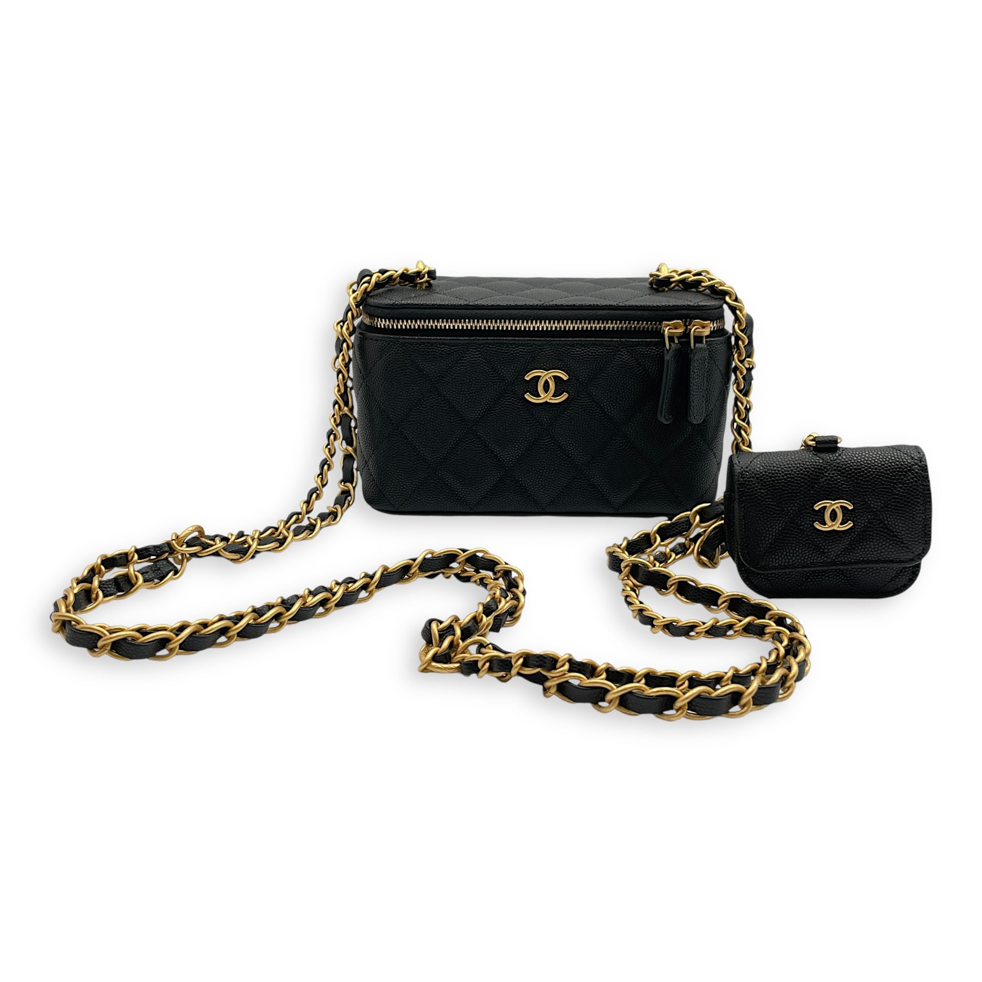 Vanity Rectangle with AirPod Case Mini Black Crossbody Bag in Caviar Leather, Gold hardware