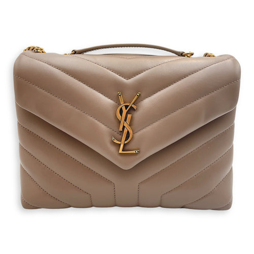 Loulou Small Beige Crossbody Bag in Calfskin, Gold hardware