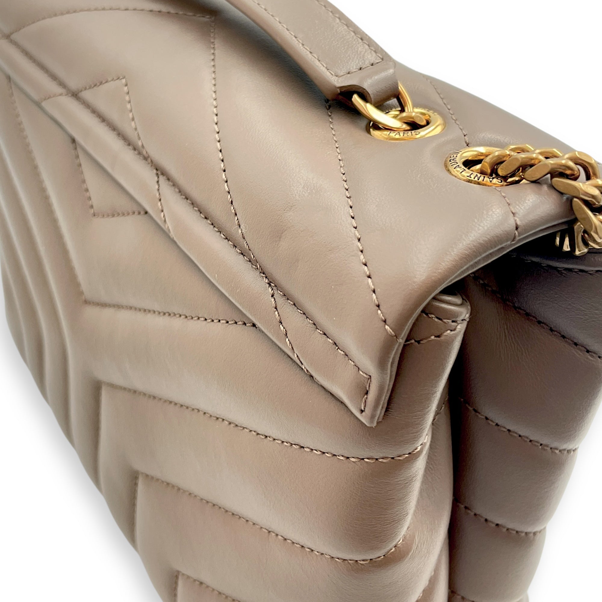 Loulou Small Beige Crossbody Bag in Calfskin, Gold hardware