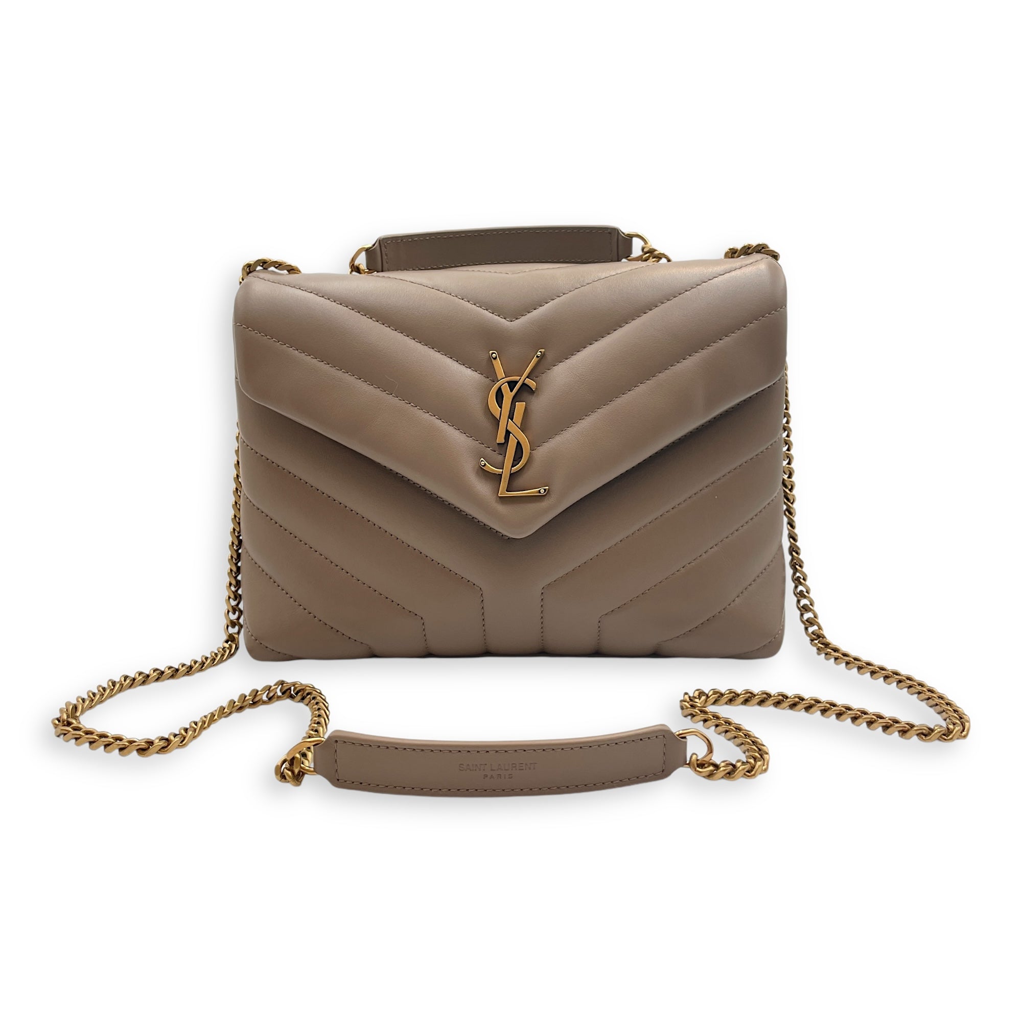 Loulou Small Beige Crossbody Bag in Calfskin, Gold hardware