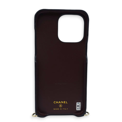 Quilted IPhone 15 Pro Max Black Phone Case in Lambskin/Pearls, Gold hardware