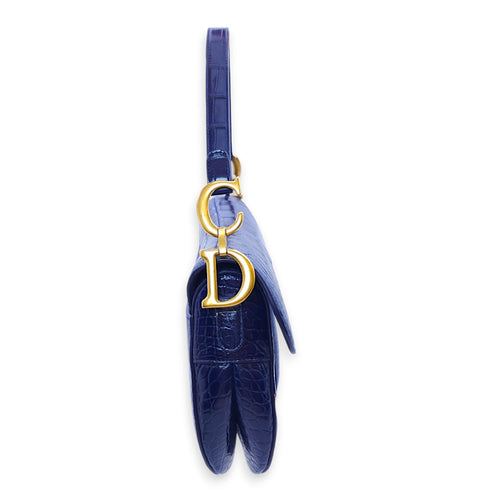 Saddle Medium Blue Shoulder Bag in Alligator Gold hardware