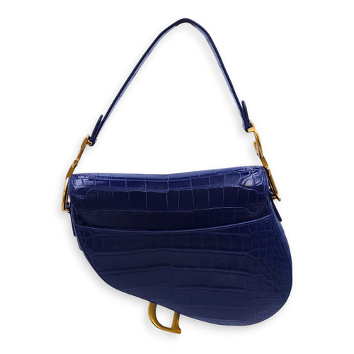 Saddle Medium Blue Shoulder Bag in Alligator Gold hardware CL2409-5922 2