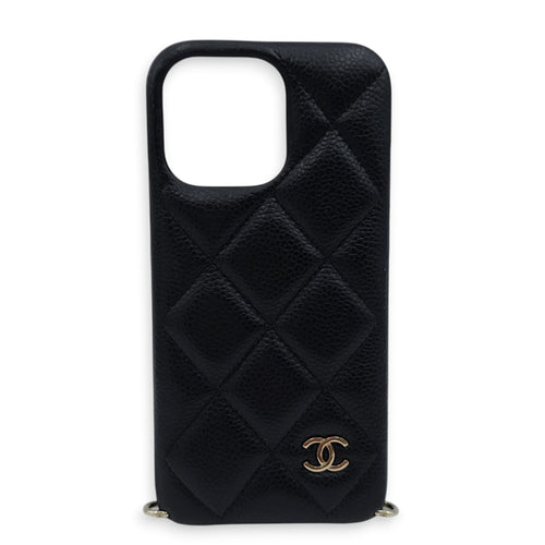 Quilted IPhone 15 Pro Max Others Black Phone Case in Lambskin/Pearls Gold hardware