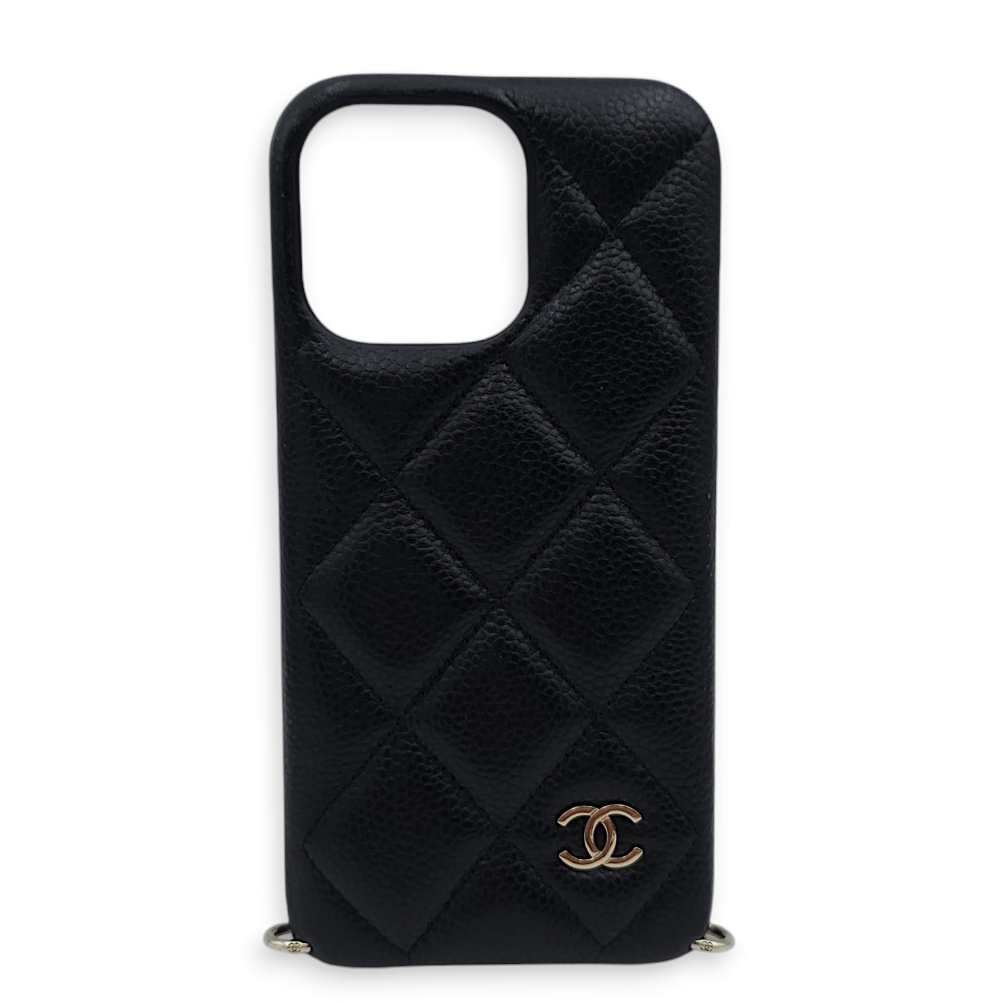 Quilted IPhone 15 Pro Max Black Phone Case in Lambskin/Pearls, Gold hardware