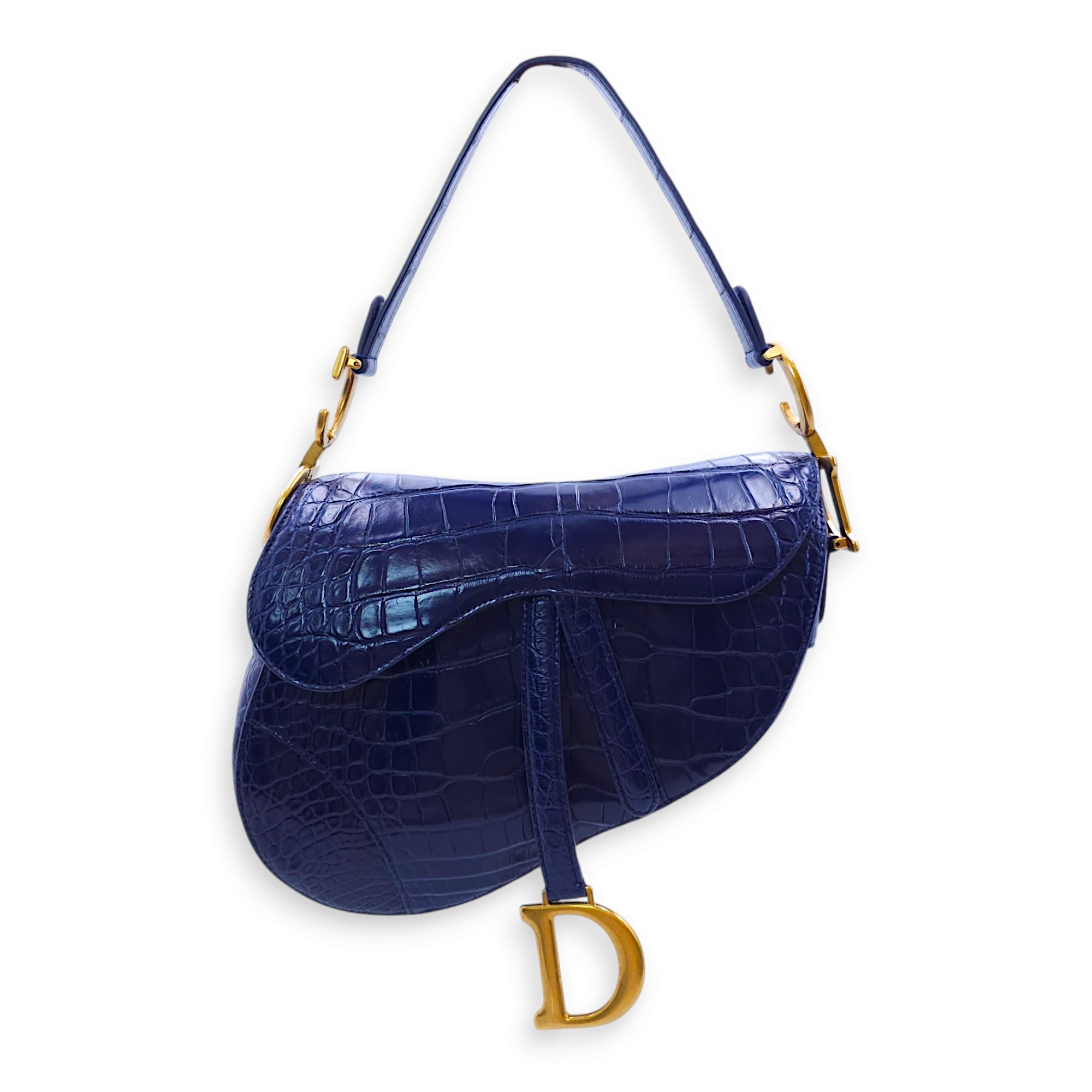 Saddle Medium Blue Sapphire Shoulder Bag in Alligator, Gold hardware