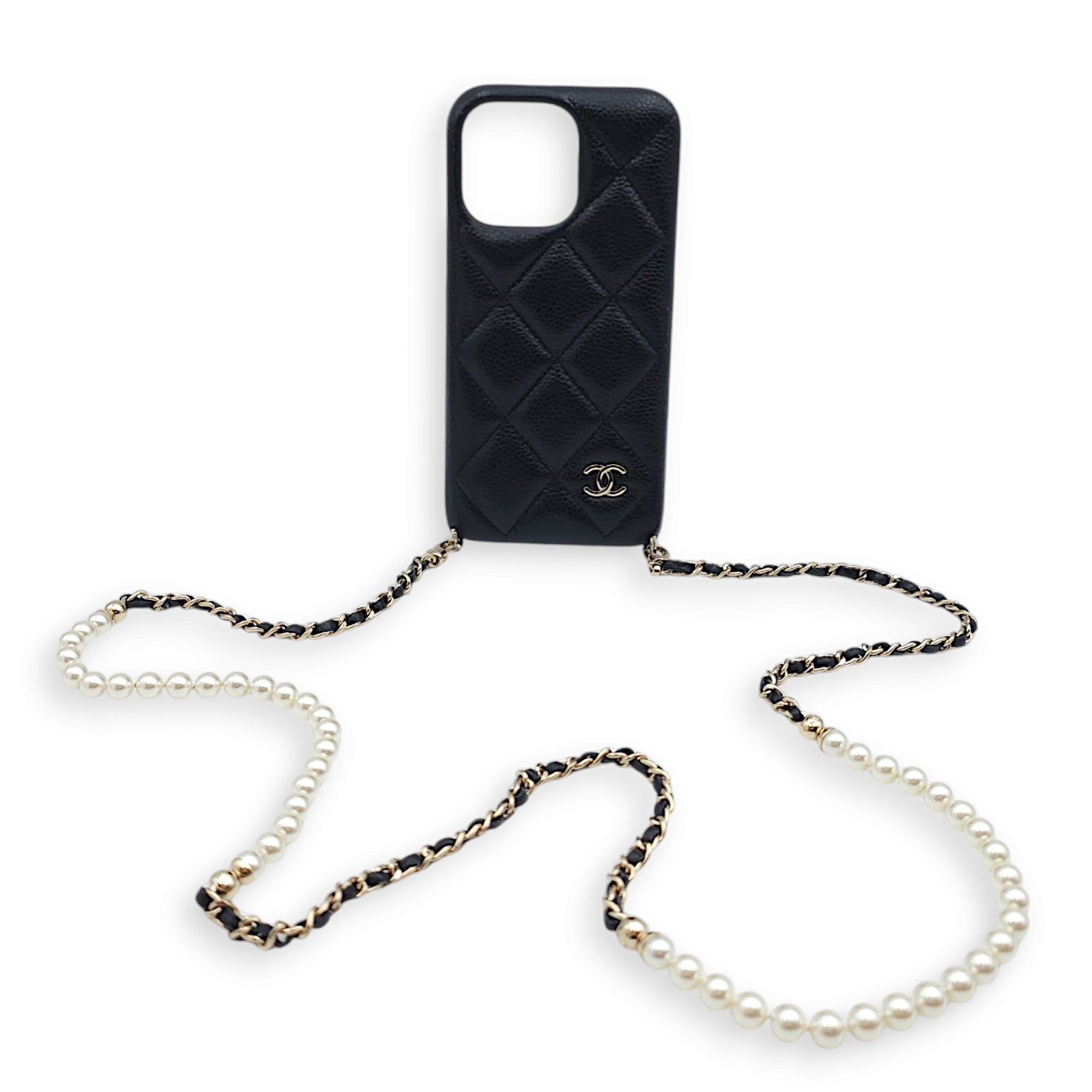 Quilted IPhone 15 Pro Max Others Black Phone Case in Lambskin/Pearls Gold hardware