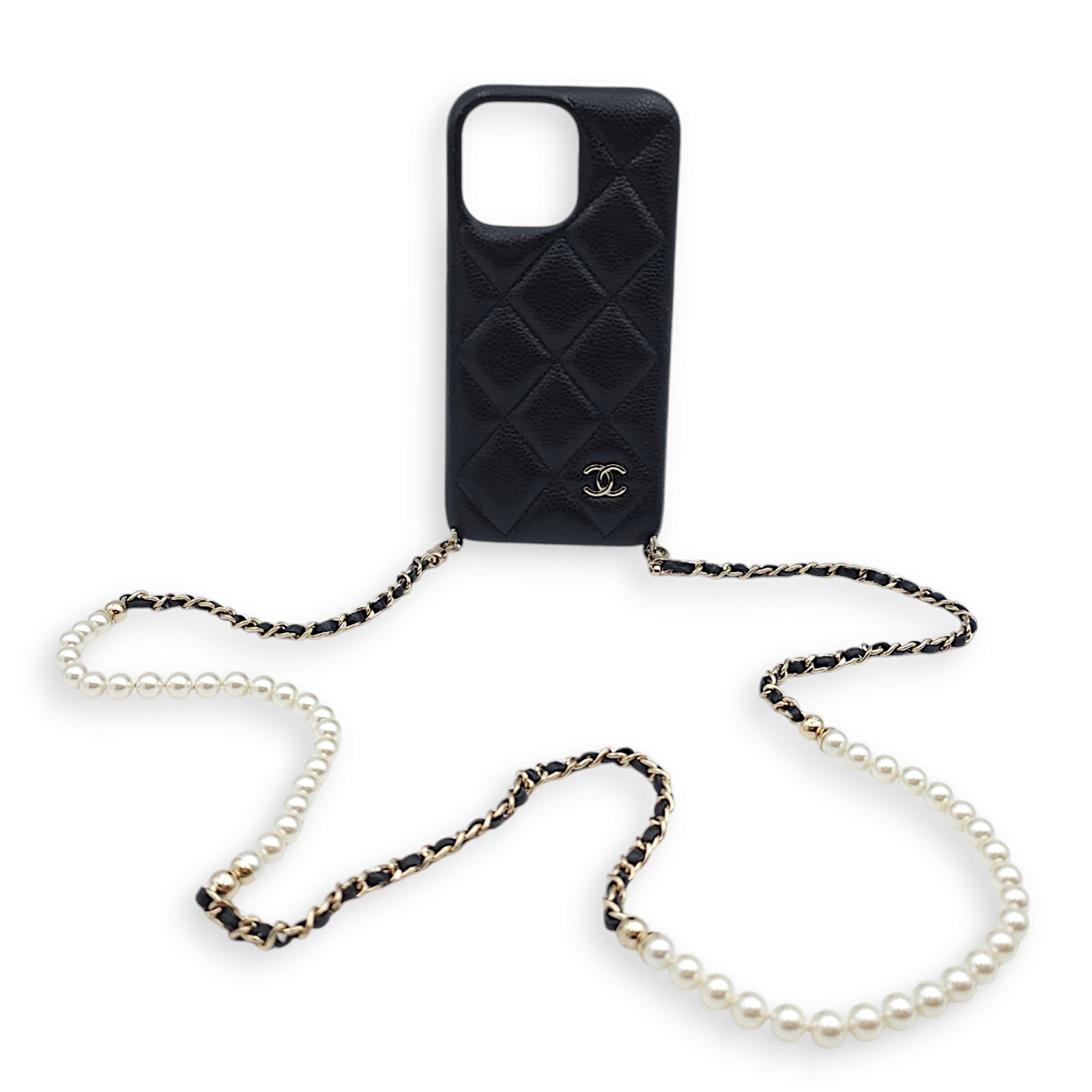 Quilted IPhone 15 Pro Max Black Phone Case in Lambskin/Pearls, Gold hardware