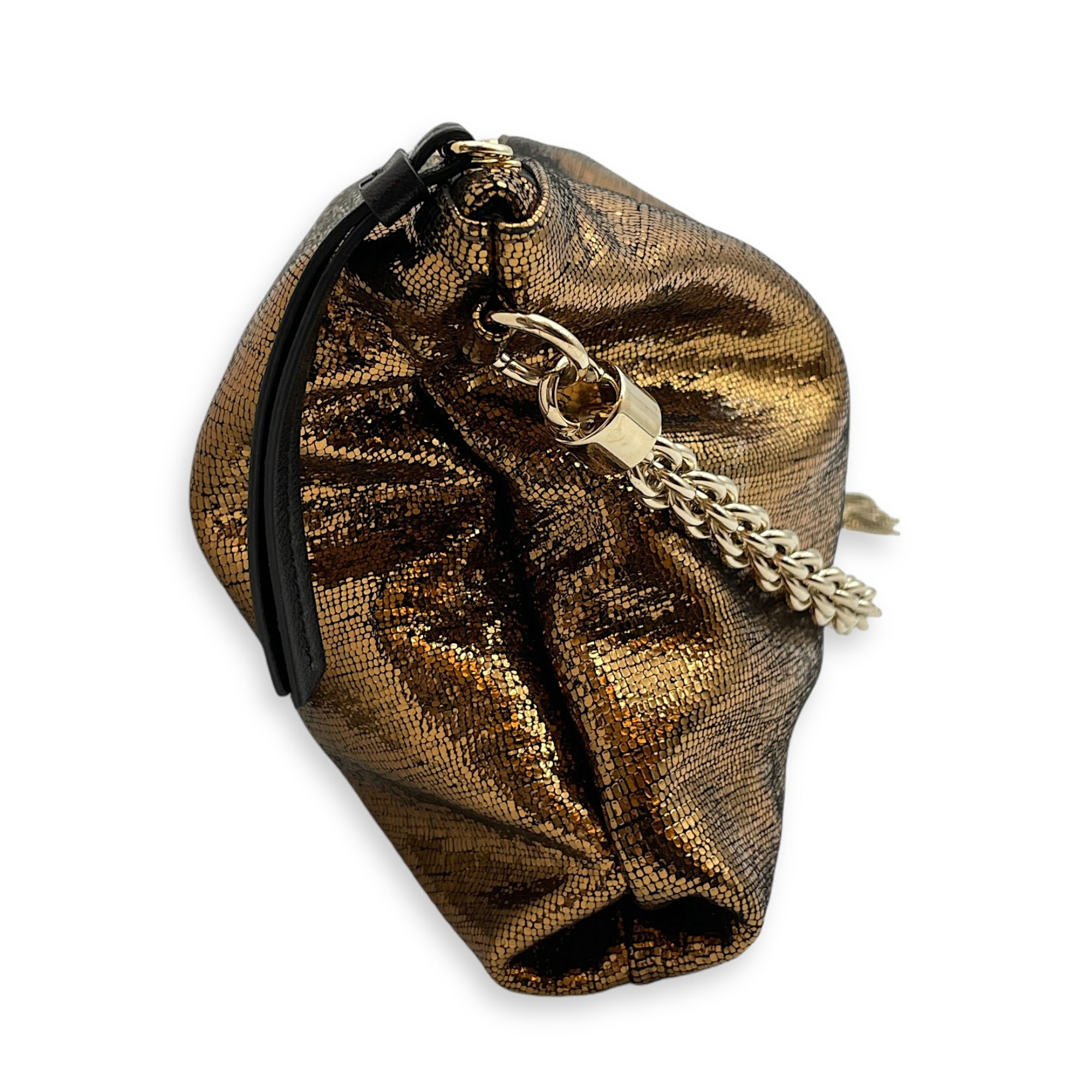 Metallic Lizard Print Bag with Tassel 26x17x4cm Gold Top Handle Bag in Sequins/Satin Lining, Gold hardware