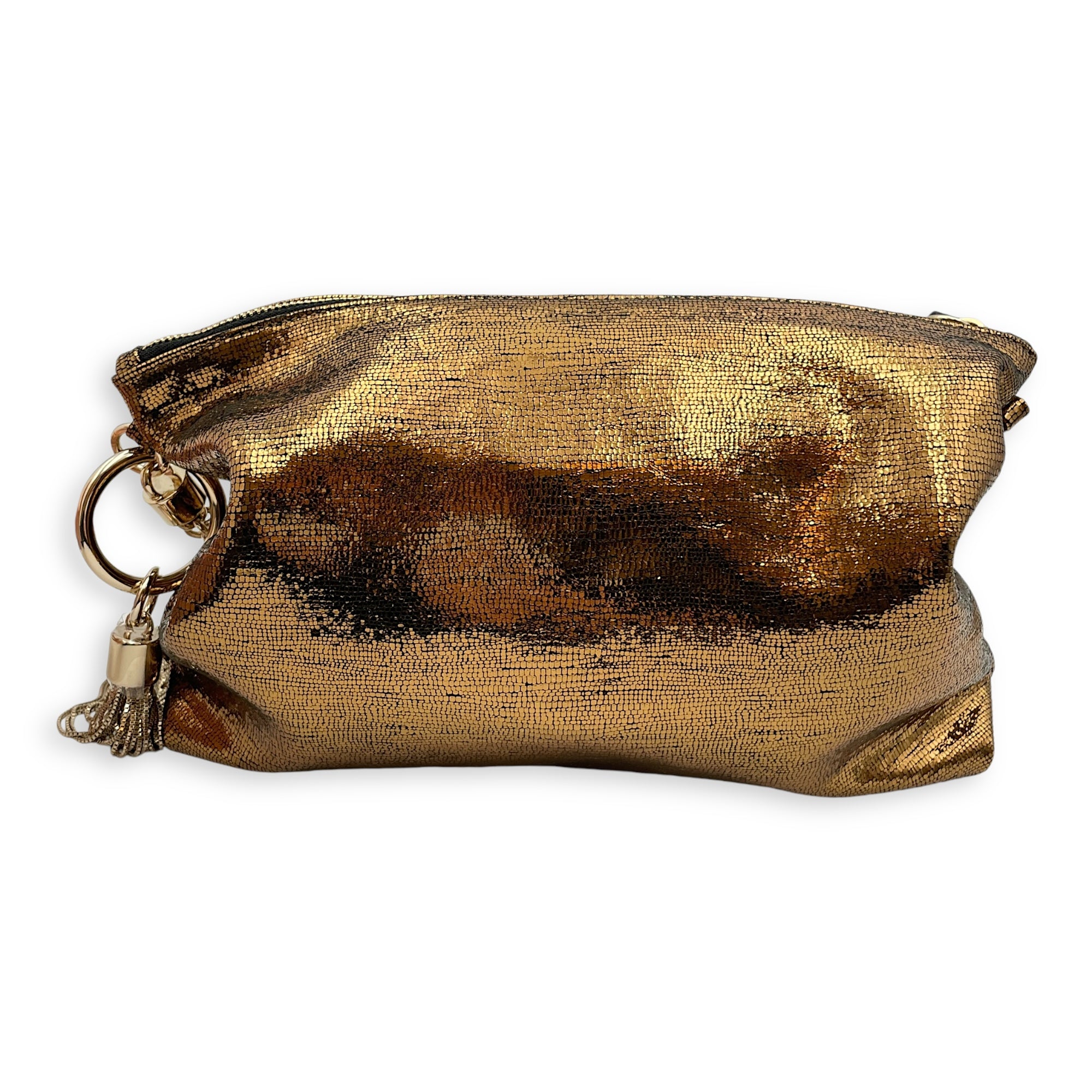 Metallic Lizard Print Bag with Tassel 26x17x4cm Gold Top Handle Bag in Sequins/Satin Lining, Gold hardware