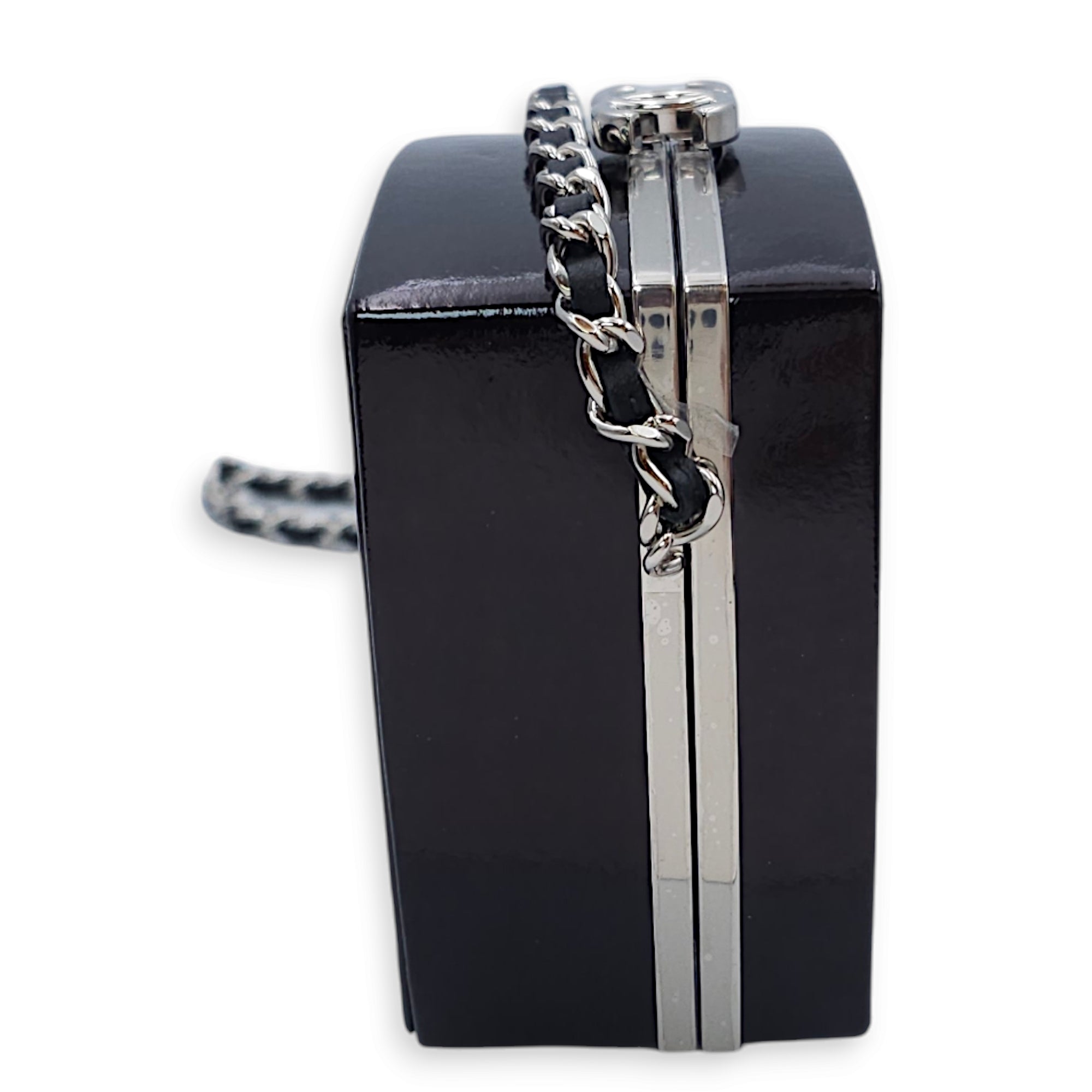 Powder Case Minaudiere L10.5xH10.5xD5.5 Black Minaudiere in Shiny calf, Silver hardware