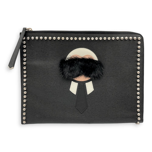 Karlito Flat 30x23x1cm Black/White/Beige Clutch in Saffiano Leather/Fur, Silver hardware