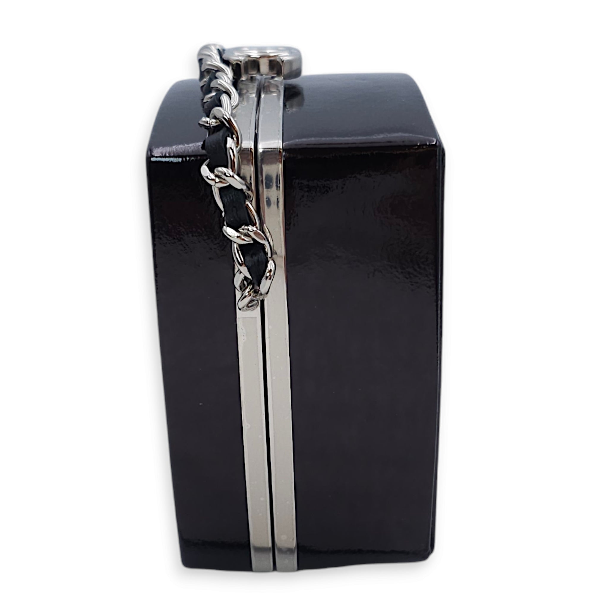 Powder Case Minaudiere L10.5xH10.5xD5.5 Black Minaudiere in Shiny calf, Silver hardware