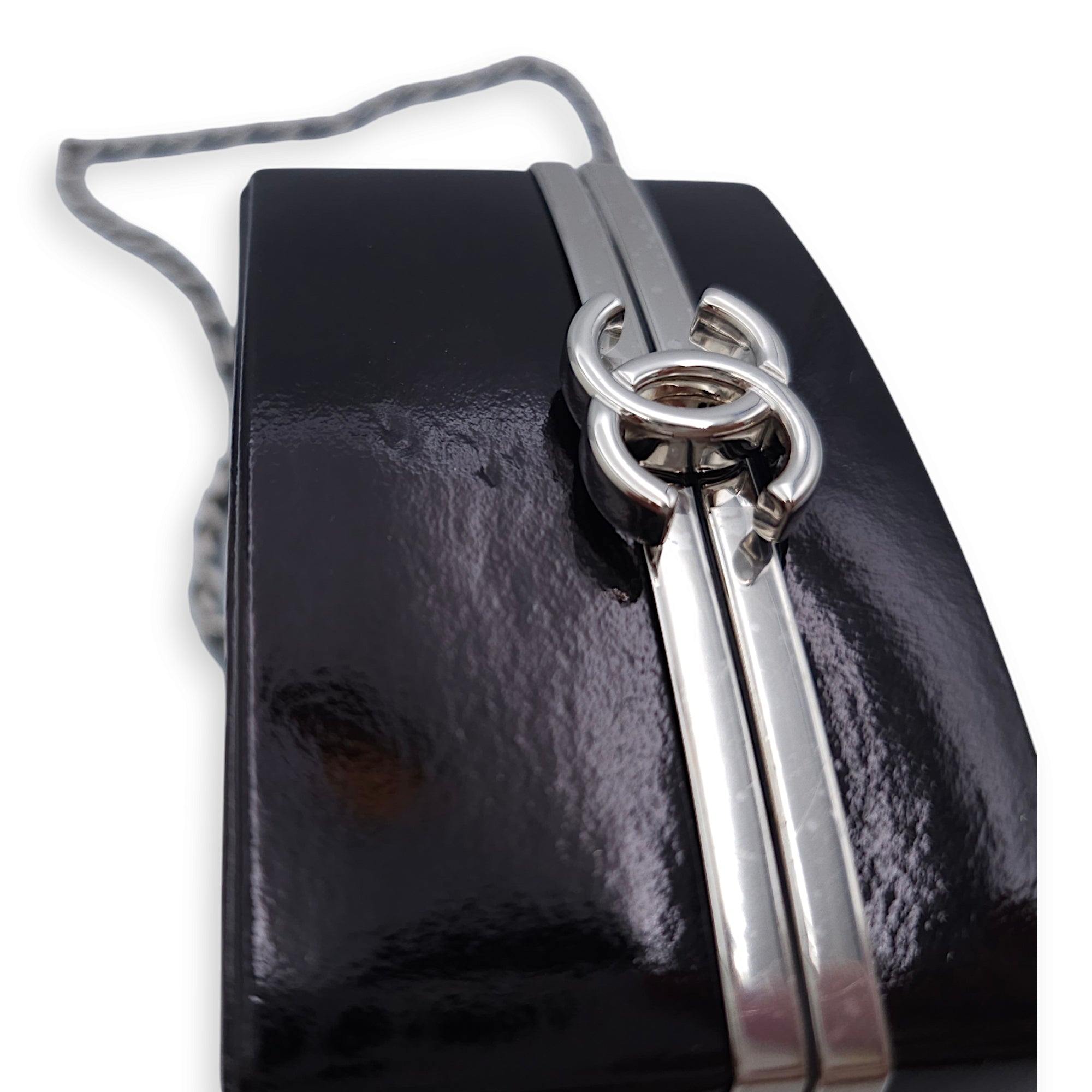 Powder Case Minaudiere L10.5xH10.5xD5.5 Black Minaudiere in Shiny calf, Silver hardware