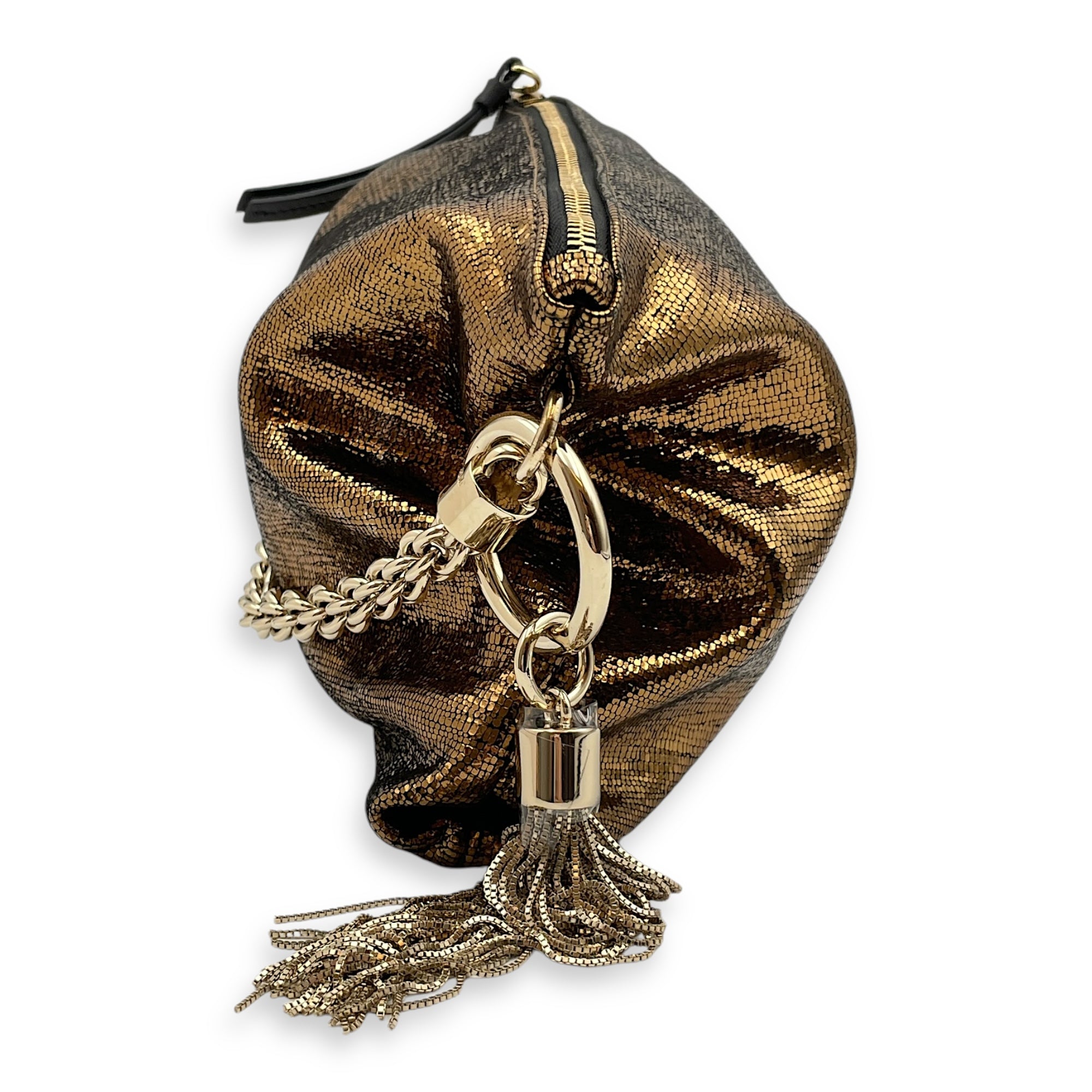 Metallic Lizard Print Bag with Tassel 26x17x4cm Gold Top Handle Bag in Sequins/Satin Lining, Gold hardware