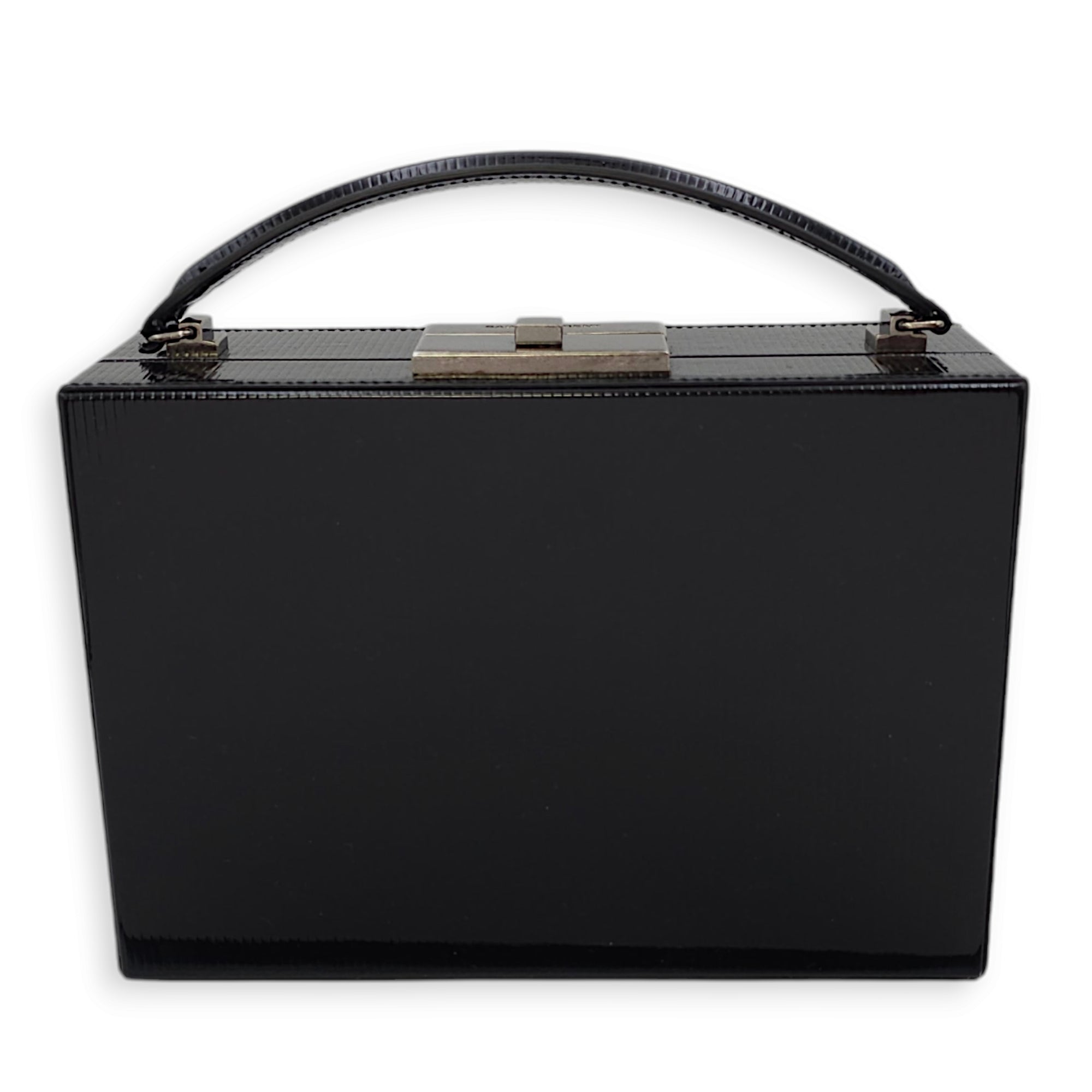 Striped Pattern 19x13x6.5cm Black Vanity Bag in Patent Leather, Ruthenium-finish Brass hardware