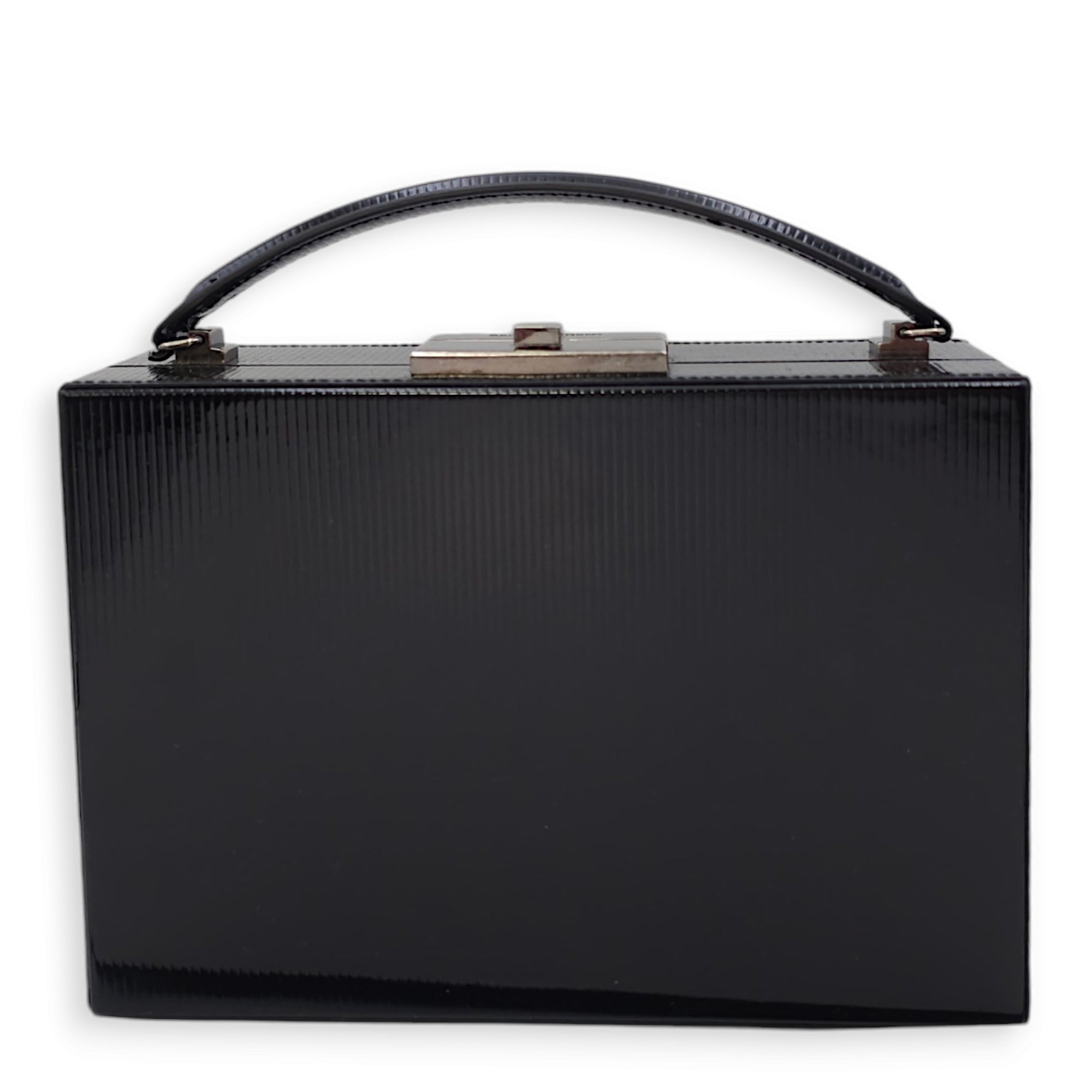 Striped Pattern 19x13x6.5cm Black Vanity Bag in Patent Leather, Ruthenium-finish Brass hardware