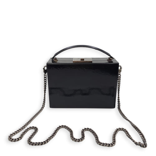 Striped Pattern 19x13x6.5cm Black Vanity Bag in Patent Leather, Ruthenium-finish Brass hardware