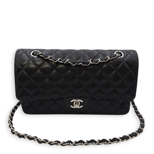 Classic Double Flap Medium Black Shoulder Bag in Caviar Leather, Silver hardware