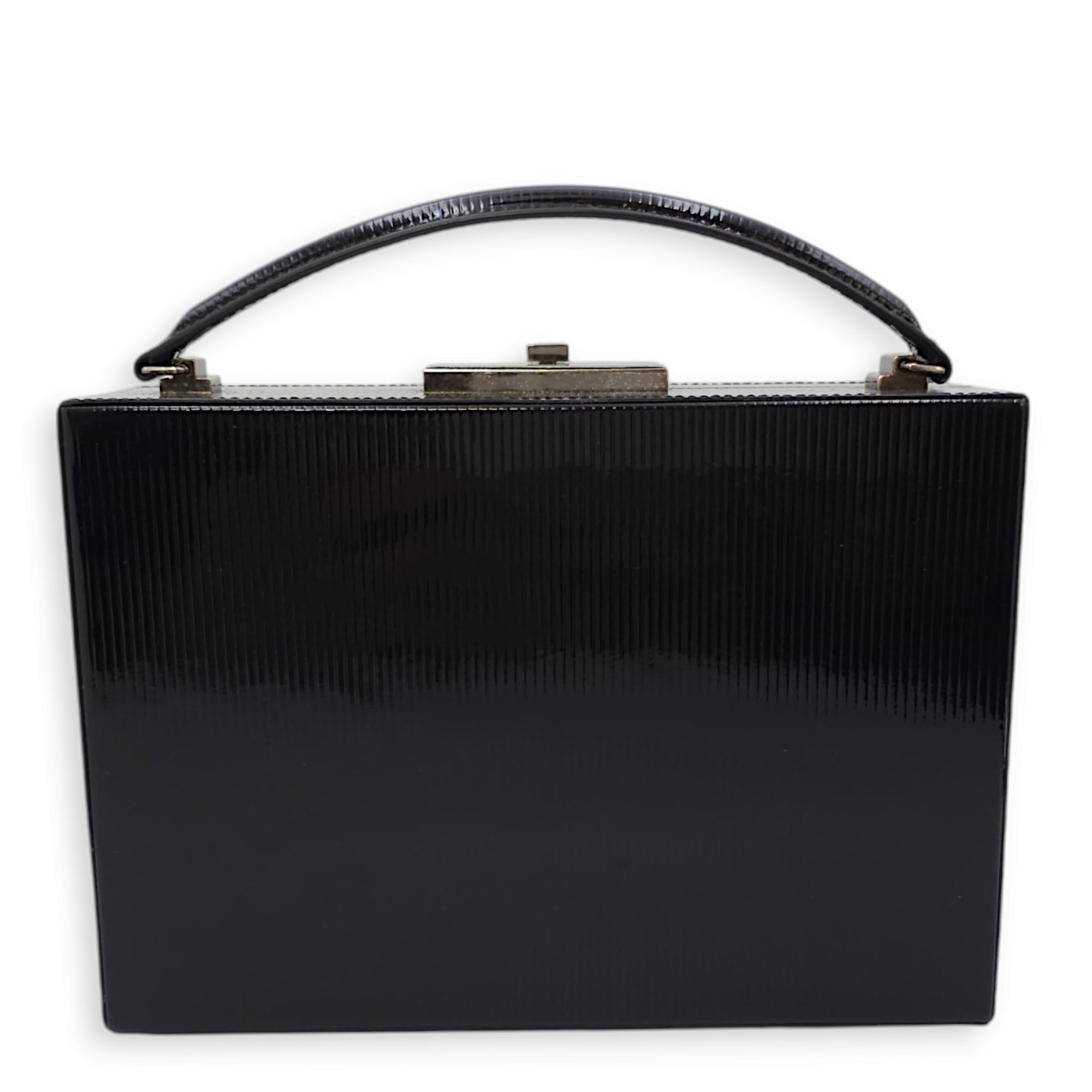 Striped Pattern 19x13x6.5cm Black Vanity Bag in Patent Leather, Ruthenium-finish Brass hardware