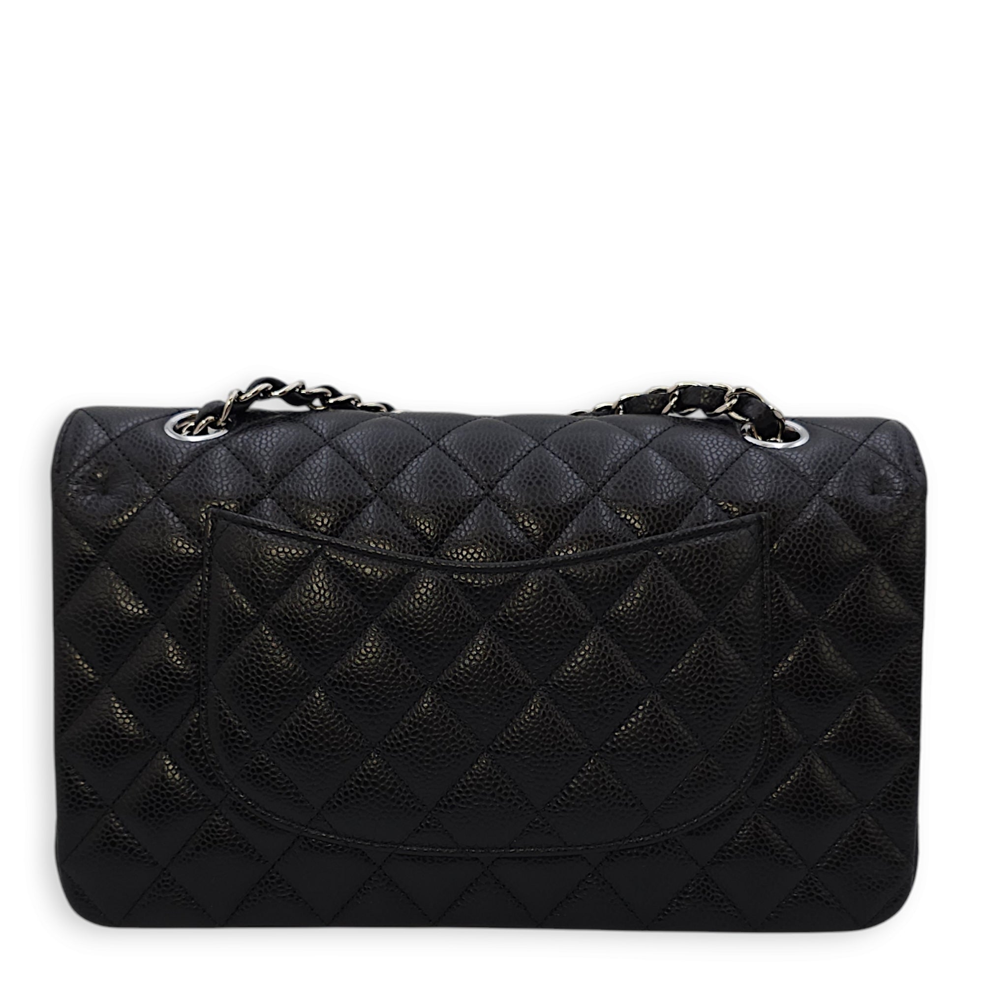 Classic Double Flap Medium Black Shoulder Bag in Caviar Leather, Silver hardware