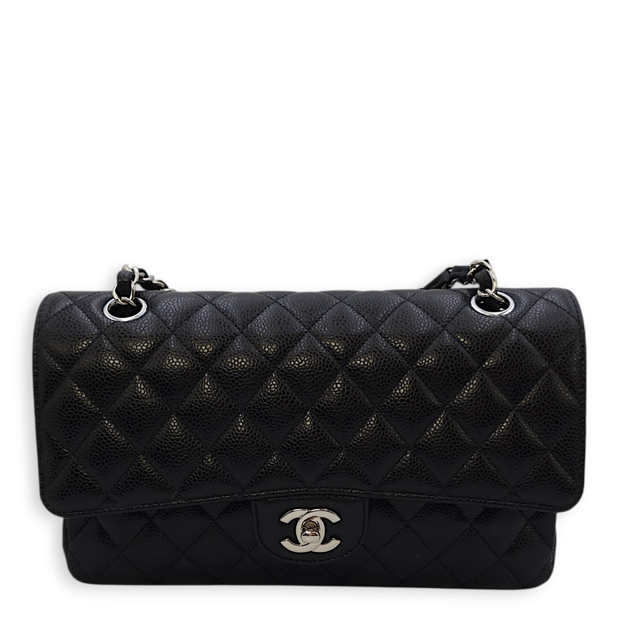 Classic Double Flap Medium Black Shoulder Bag in Caviar Leather, Silver hardware