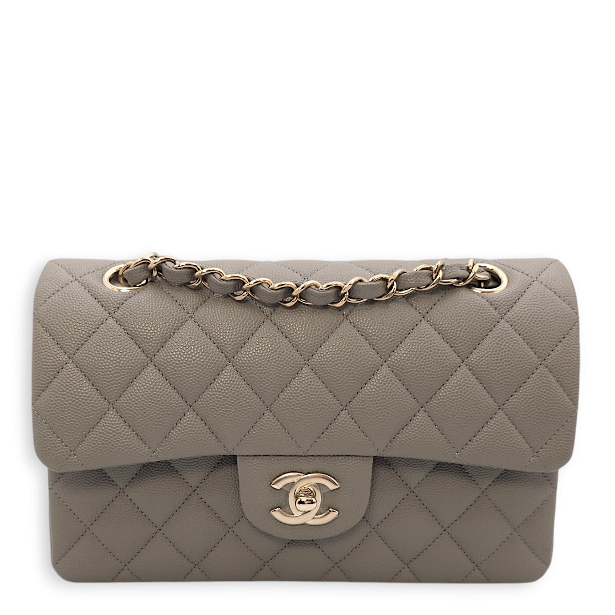 Classic Double Flap Small Dark Grey Shoulder Bag in Caviar Leather, Gold hardware